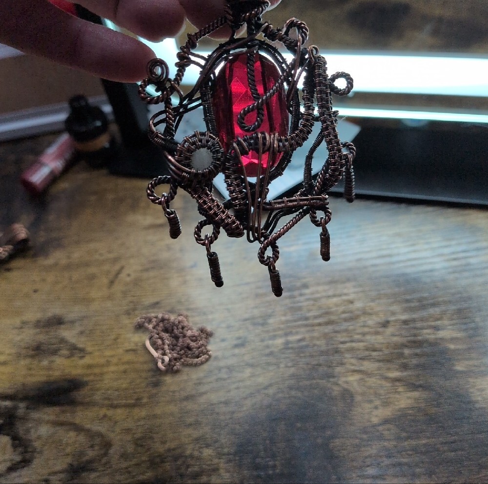 Handcrafted Copper Wire Wrap Necklace with Deep Red Flash Labradorite Stone
